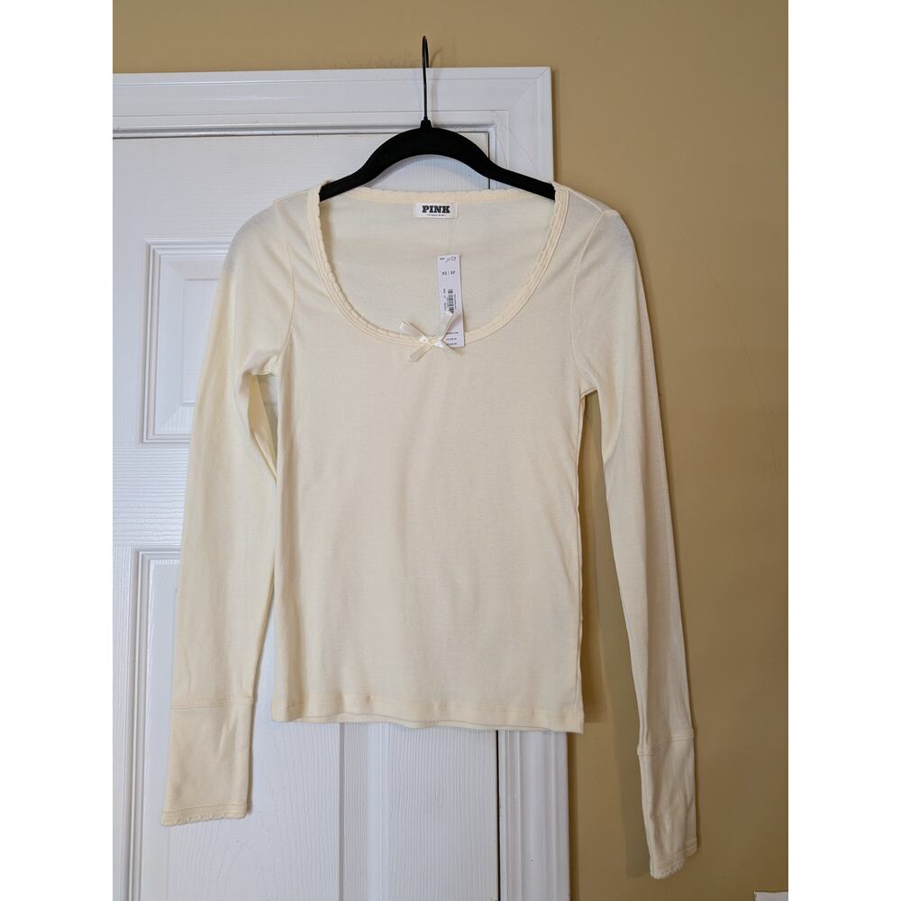 Victoria’s Secret PINK Ivory Long Sleeve Bow Detail Top XS NWT Minimalist Casual